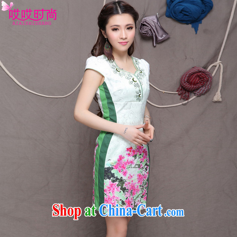 Ah, ah, stylish 2015 summer new female fashion ethnic wind retro beauty graphics thin cheongsam 9906 #green XL Ah, ah, fashion, online shopping