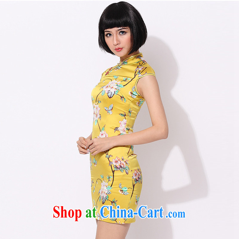 light at the floral retro style Silk Cheongsam improved daily Chinese sauna silk dress AQE 015 yellow XXXL, shallow end (QM), online shopping