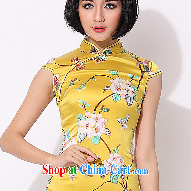 light at the floral retro style Silk Cheongsam improved daily Chinese sauna silk dress AQE 015 yellow XXXL, shallow end (QM), online shopping