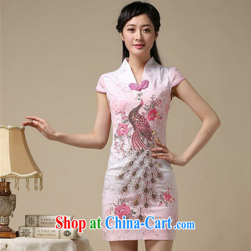 light at the national wind retro Phoenix Peacock embroidery embroidery cheongsam dress improved daily short cheongsam dress even AQE 8218 pink XXL, light (at the end QM), online shopping
