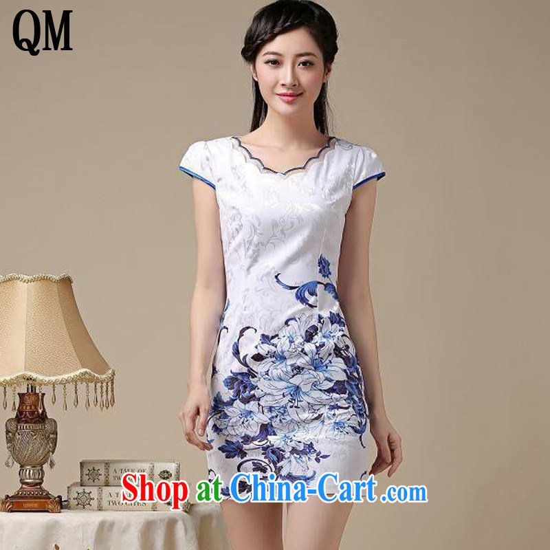 Shallow end round-collar retro blue and stamp duty cheongsam dress stylish everyday minimalist dress sense of Cultivating Female AQE 8219 Blue on white flower XXL