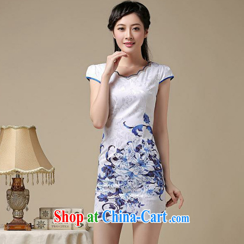 light at the round-collar retro blue and stamp duty cheongsam dress stylish everyday minimalist dress sense of Cultivating Female AQE 8219 Blue on white flower XXL, light (at the end) QM, shopping on the Internet