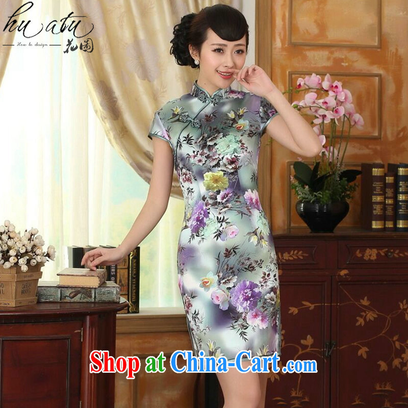 Take the girls with summer and autumn colored Peony short-sleeved beauty, stretch the silk dresses retro Silk Cheongsam dress double-figure-color 2 XL, figure, shopping on the Internet