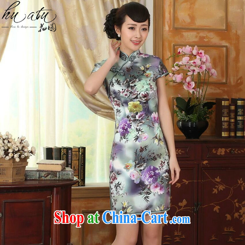 Take the girls with summer and autumn colored Peony short-sleeved beauty, stretch the silk dresses retro Silk Cheongsam dress double-figure-color 2 XL, figure, shopping on the Internet