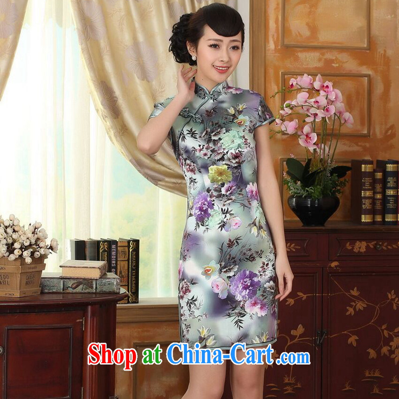 Find Sophie female summer and autumn colored Peony short-sleeved beauty, stretch the silk dresses retro Silk Cheongsam double Peony 2 XL, flexible employment, shopping on the Internet