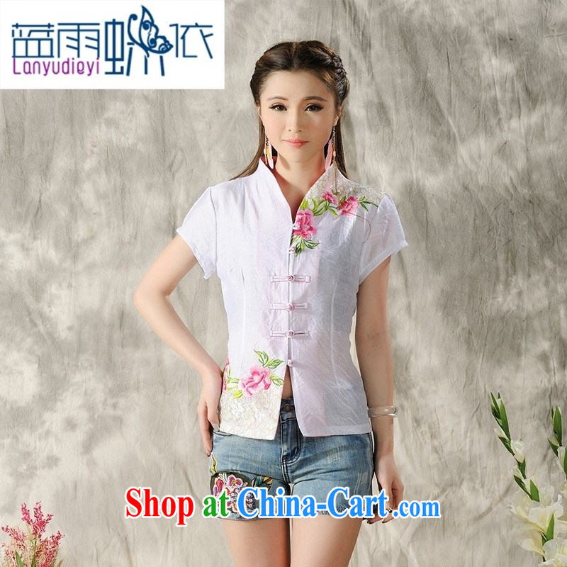hamilton YY 7299 National wind new Peony embroidery Chinese, summer_Chinese improved short-sleeved T-shirt outfit white XXL