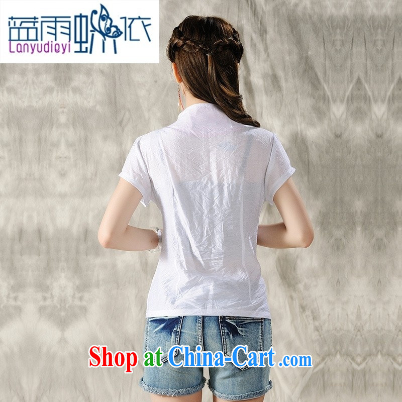 hamilton YY 7299 National wind new Peony embroidery Chinese, summer/Chinese improved short-sleeved T-shirt outfit white XXL, blue rain bow, and shopping on the Internet