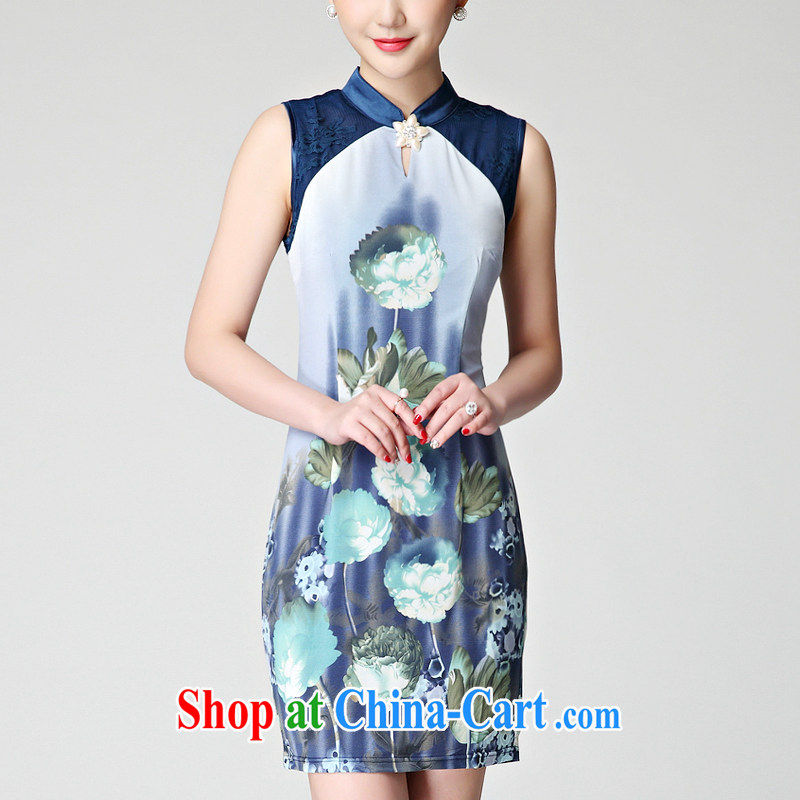 2015 summer new dress lace stitching elegant antique style only American Beauty vest skirt cheongsam dress blue L, meters, in Europe and America (MIO MIULAN), online shopping