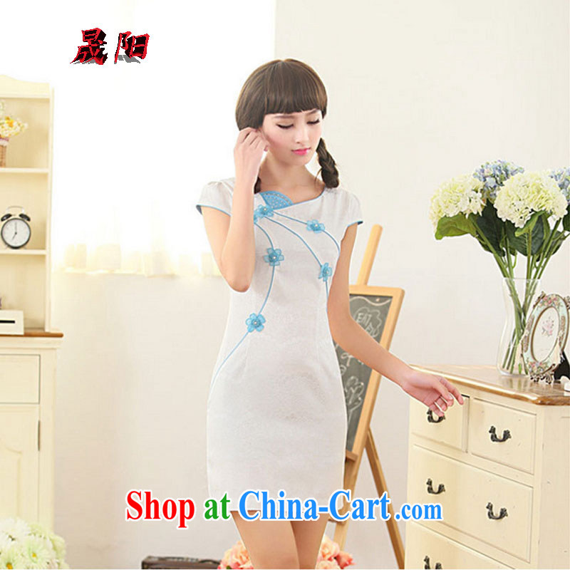 Sung Yang 2015 summer new Korean Beauty asymmetric fans for exquisite embroidered stylish retro female improved cheongsam short-sleeved dresses blue XXL, Sung-yang (shengyang), online shopping
