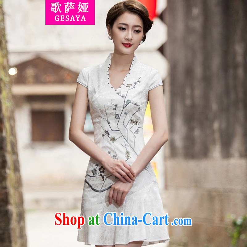 Song, Julia 2015 spring and summer new short-sleeved V collar embroidered Phillips nails Pearl crowsfoot skirt with embroidery short cheongsam white XL, song, Julia (GESAYA), online shopping