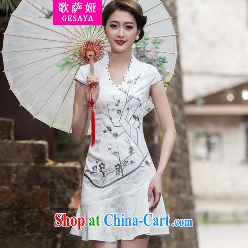 Song, Julia 2015 spring and summer new short-sleeved V collar embroidered Phillips nails Pearl crowsfoot skirt with embroidery short cheongsam white XL, song, Julia (GESAYA), online shopping