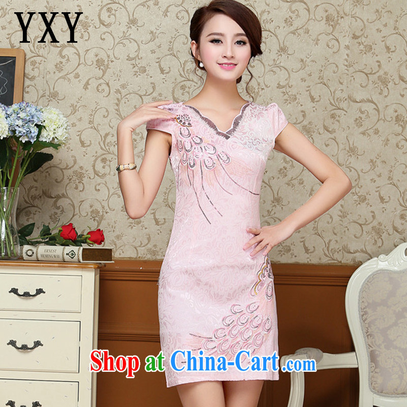 Stakeholders line cloud embroidery Peacock jacquard cotton cheongsam Chinese Antique improved daily short-sleeved qipao dresses AQE 9038 pink XXL