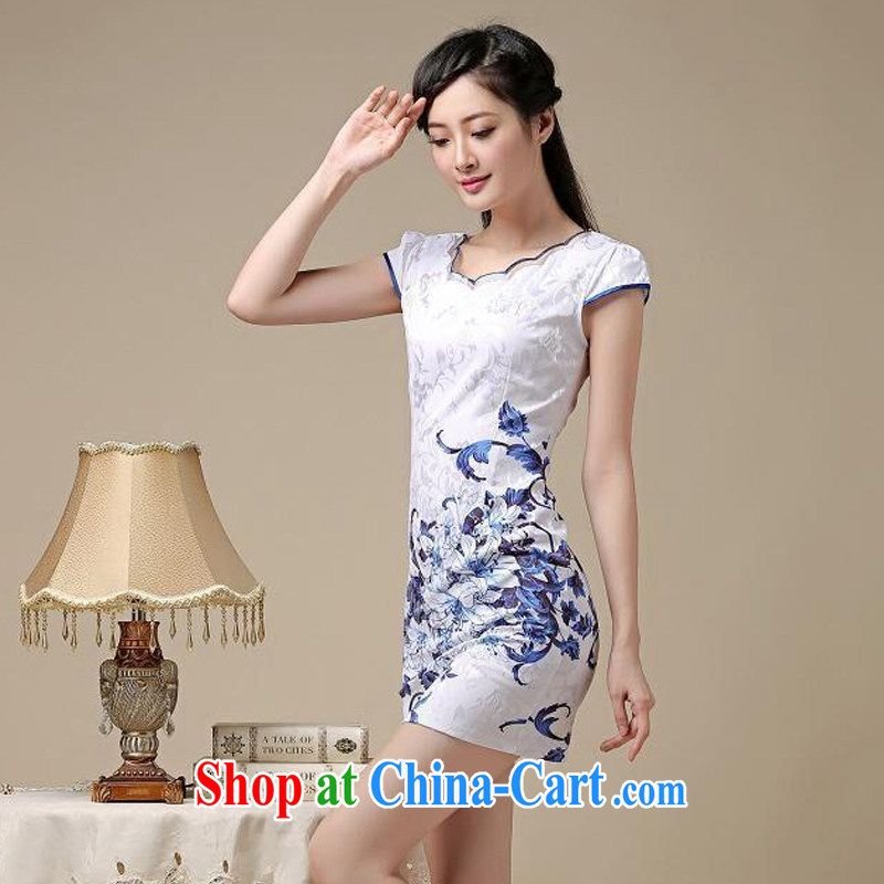 Stakeholders line cloud round-collar retro blue and stamp duty cheongsam dress stylish everyday minimalist dress sense of cultivating female AQE 8219 Blue on white flower XXL stakeholders, the cloud (YouThinking), and, on-line shopping