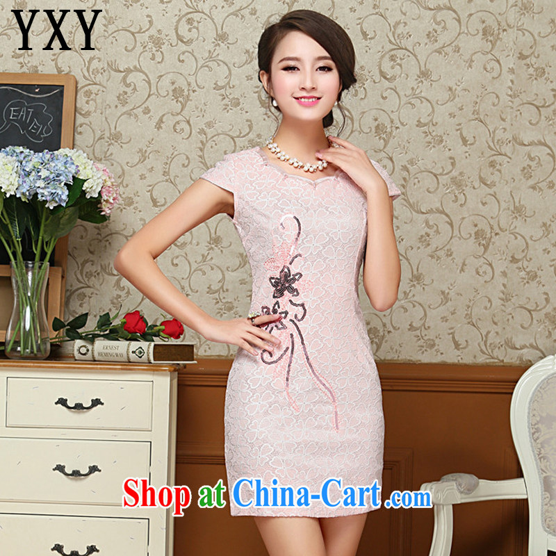 Stakeholders line cloud short lace cheongsam dress summer retro daily short-sleeved Tang replace AQE 808 pink XXL