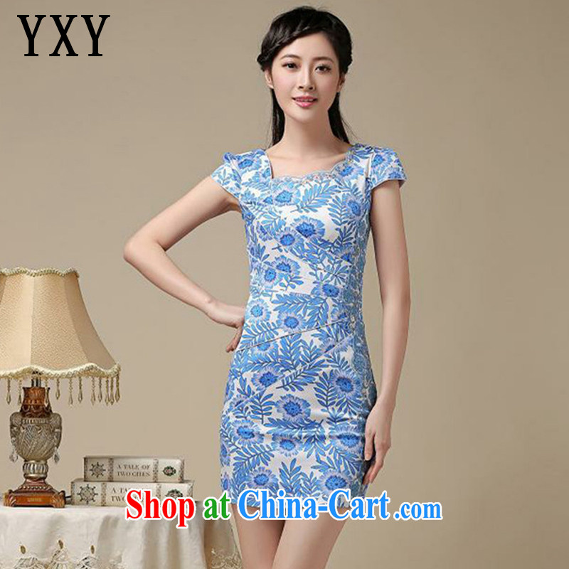 Stakeholders line cloud stylish floral short cheongsam beauty graphics thin large code cheongsam dress retro improved daily Chinese female AQE 8215 blue XXL