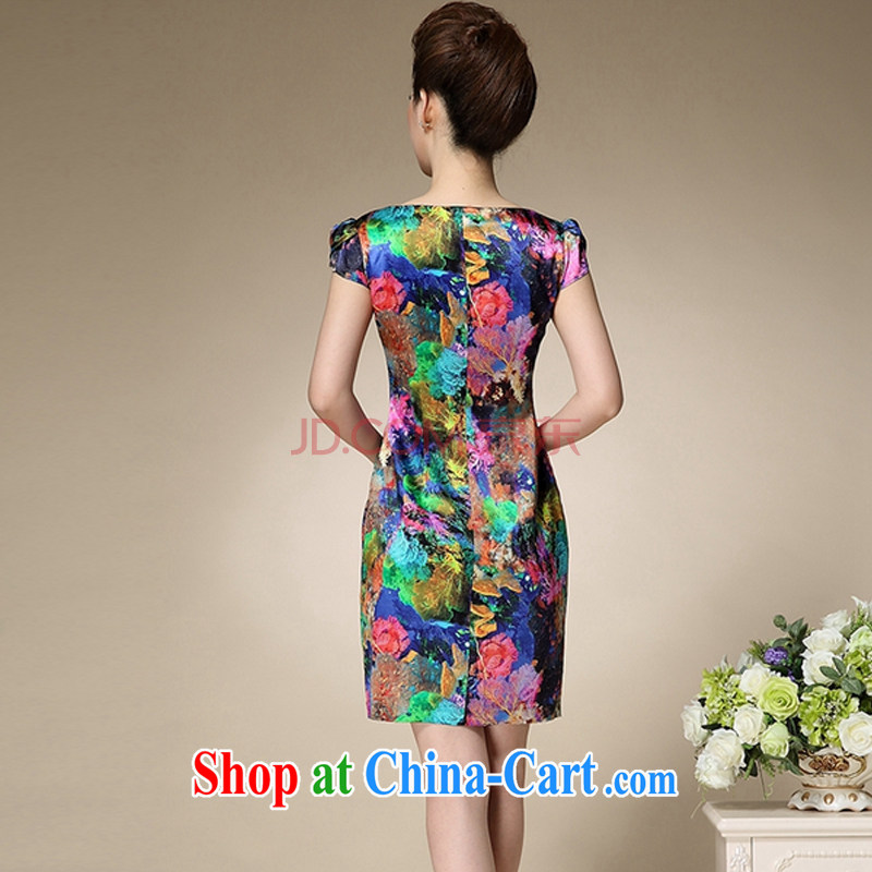 Courtney Cox in summer 2015 with new stamp duty round-collar short-sleeve Sau San emulation Silk Dresses beauty charm antique dresses blue XL, Courtney Cox, in accordance with (KOULAIYI), online shopping