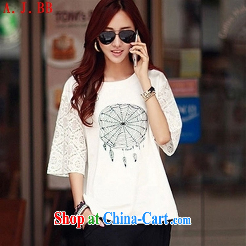 Black butterfly 2015 new loose cotton large, female Korean version 7 cuff Openwork T pension white XXL, A . J . BB, shopping on the Internet