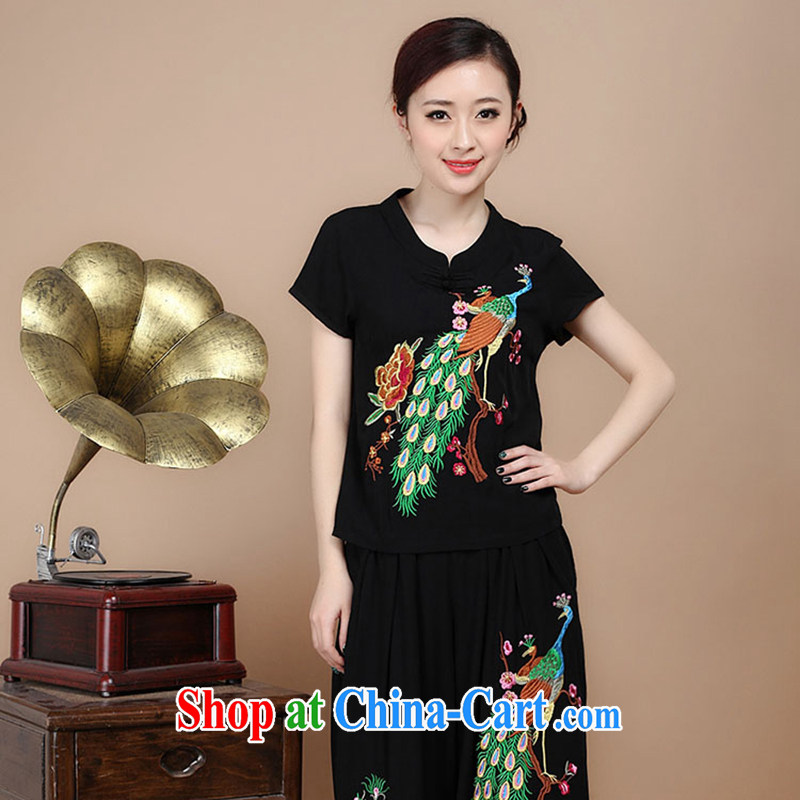Nest, summer 2015 girls retro embroidered Ethnic Wind shirt Peacock embroidery cotton Ma T shirts female black L