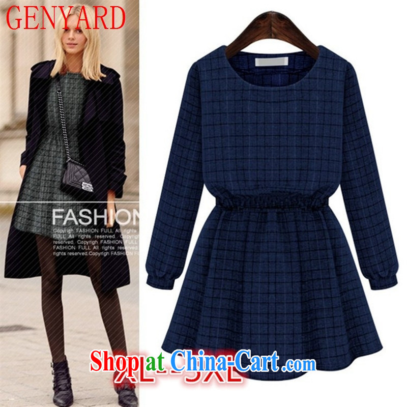 Qin Qing store 2015 spring new thick MM Europe autumn and winter, new and long-sleeved video thin-solid waist dress blue 5 XL