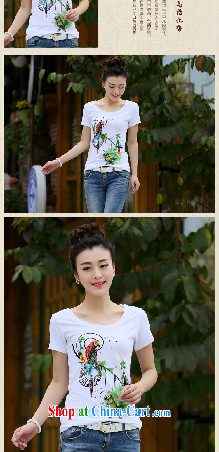 Qin Qing store 2015 summer new Korean Beauty larger graphics skinny bird stamp wood drill round-collar style cotton shirt T female white 2 XL pictures, price, brand platters! Elections are good character, the national distribution, so why buy now enjoy more preferential! Health
