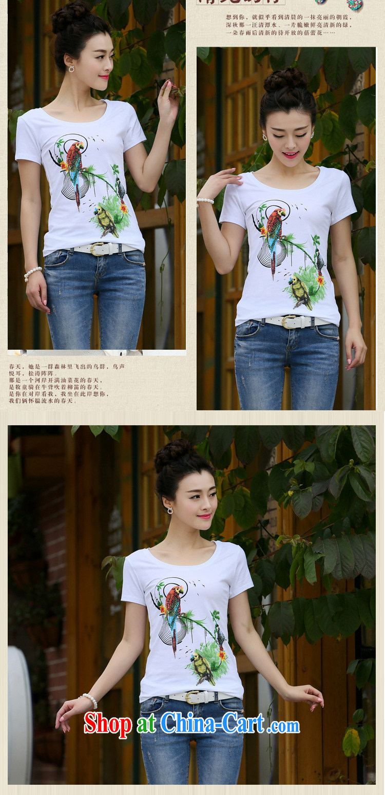 Qin Qing store 2015 summer new Korean Beauty larger graphics skinny bird stamp wood drill round-collar style cotton shirt T female white 2 XL pictures, price, brand platters! Elections are good character, the national distribution, so why buy now enjoy more preferential! Health