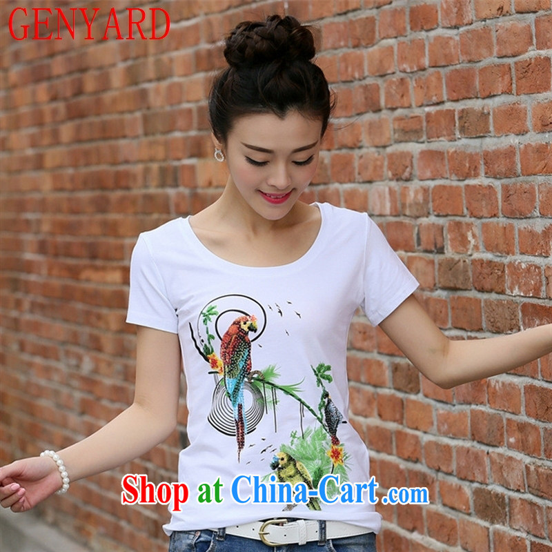 Qin Qing store 2015 summer new Korean Beauty larger graphics skinny bird stamp wood drill round-collar style cotton shirt T female white 2 XL, GENYARD, shopping on the Internet