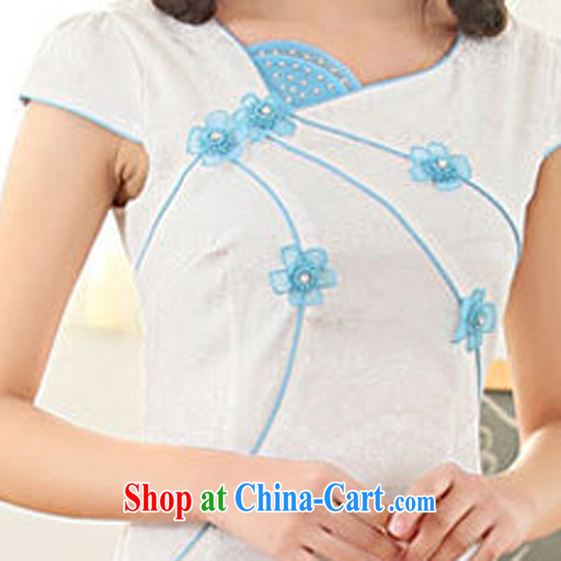 Summer 2015 New Style Fashion Chinese round collar low collar embroidery flower cheongsam sexy cheongsam dress skirt 62 blue XXL, WINS rain poetry, shopping on the Internet