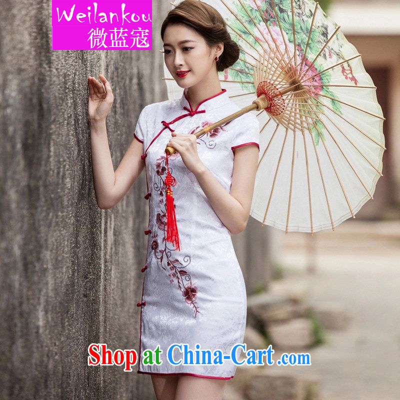Micro-blue Curtis 2015 summer New Tang with retro improved stylish short, cultivating daily cheongsam dress white L, Ms Audrey EU blue Kou (WEILANKOU), online shopping