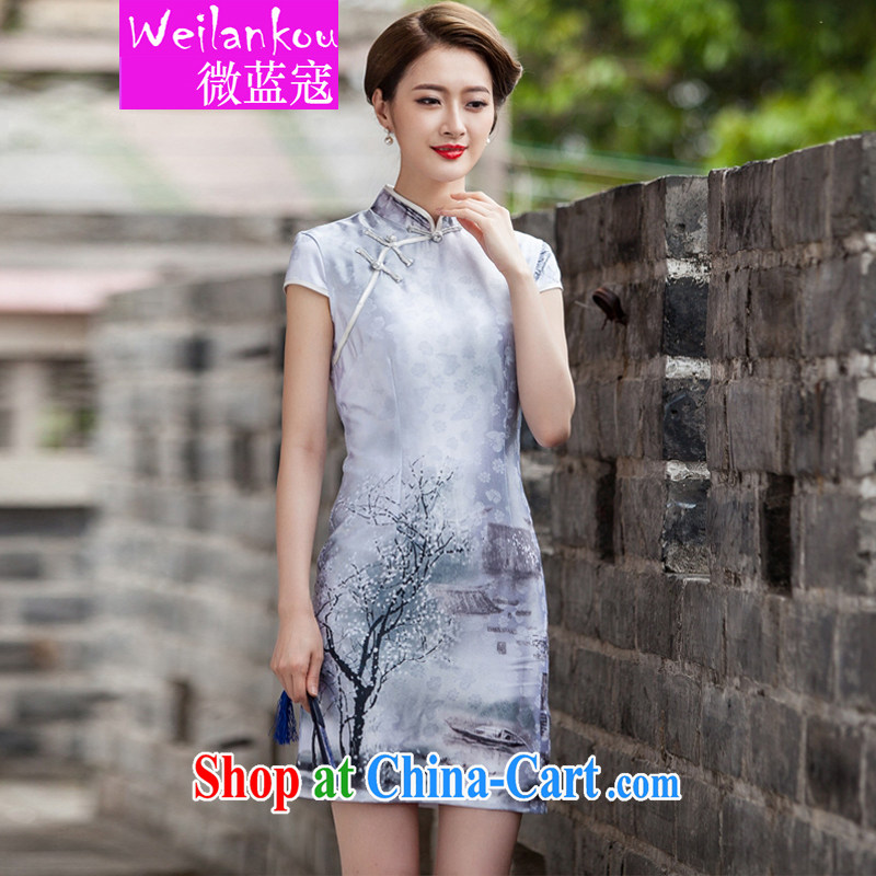 Micro-blue Curtis 2015 new painting classic short-sleeve cheongsam dress retro fashion China Daily qipao Chinese Painting (landscape), XL, Ms Audrey EU blue Kou (WEILANKOU), shopping on the Internet