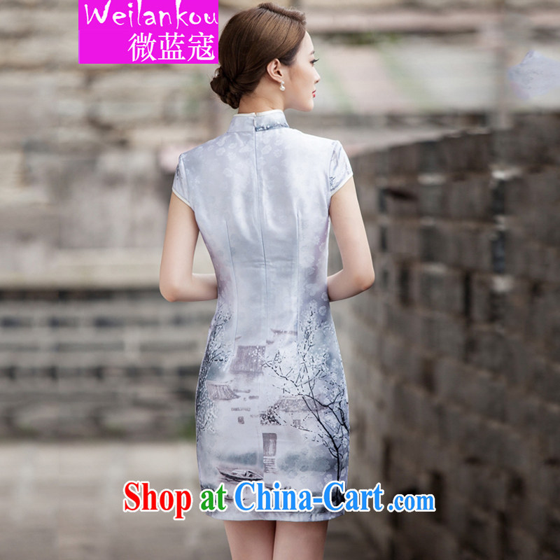 Micro-blue Curtis 2015 new painting classic short-sleeve cheongsam dress retro fashion China Daily qipao Chinese Painting (landscape), XL, Ms Audrey EU blue Kou (WEILANKOU), shopping on the Internet