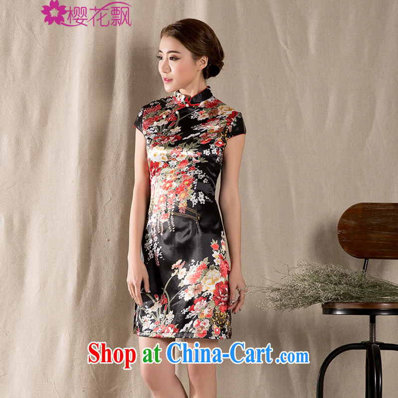 Cherry blossoms (Sakura) drift 2015 new spring and summer short-sleeved Tang with improved cheongsam retro China wind girls dresses wine red XL, the cherry blossoms floating (yinghuapiao), online shopping