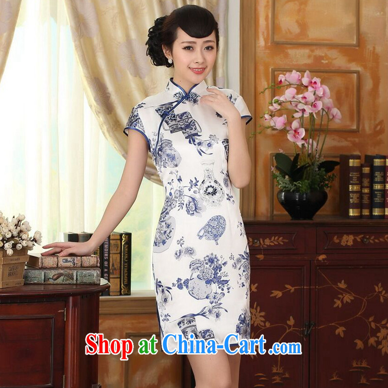 Find soft blue and white porcelain beauty stretch Satin Silk Dresses summer female Chinese Antique silk double short cheongsam dress such as the color 2 XL