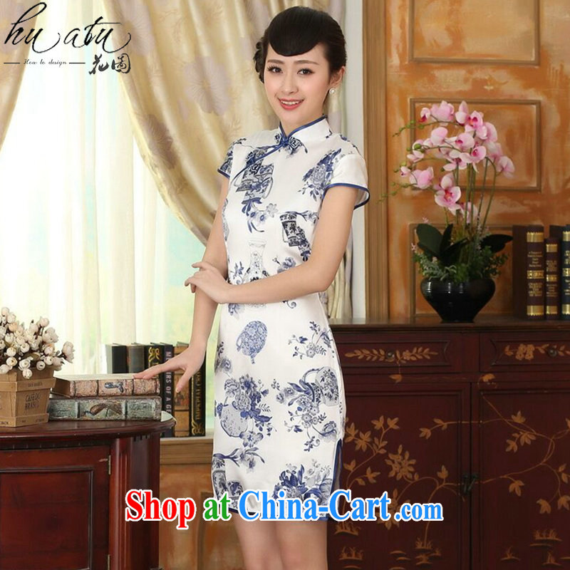 Take the blue and white porcelain beauty stretch Satin Silk Dresses summer female Chinese Antique silk double-decker short cheongsam dress such as map color S, flowers, and, shopping on the Internet