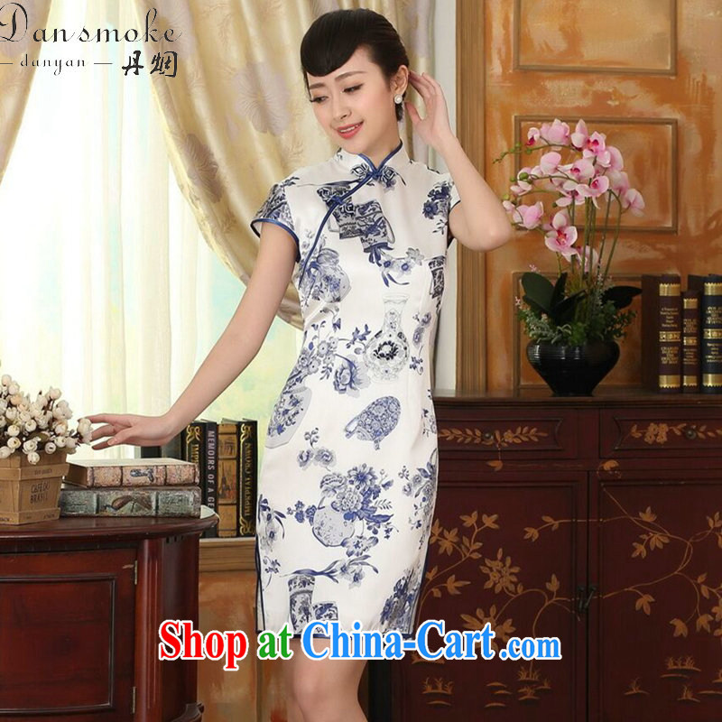 Dan smoke blue and white porcelain beauty stretch Satin Silk Dresses summer female Chinese Antique silk double short cheongsam dress such as the color 2 XL, Bin Laden smoke, shopping on the Internet