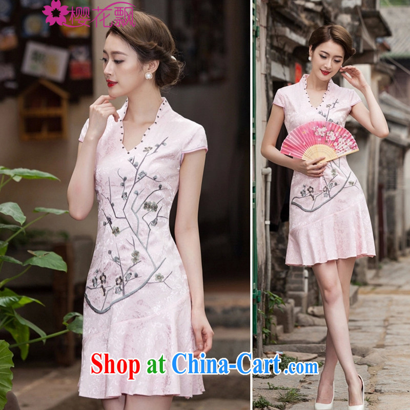Cherry blossoms floating 2015 spring and summer new short-sleeved V collar embroidered Phillips nails Pearl crowsfoot skirt with embroidery short cheongsam white XL, the cherry blossoms floating (yinghuapiao), online shopping