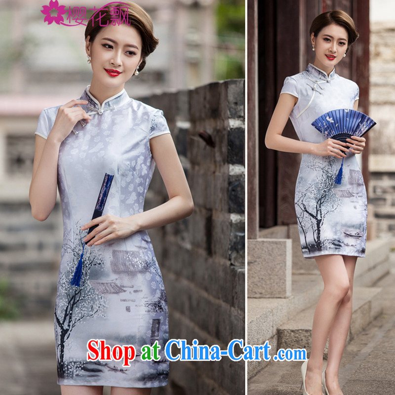 Cherry blossoms floating painting cheongsam dress retro fashion China wind daily outfit XL, cherry blossoms floating (yinghuapiao), and, on-line shopping