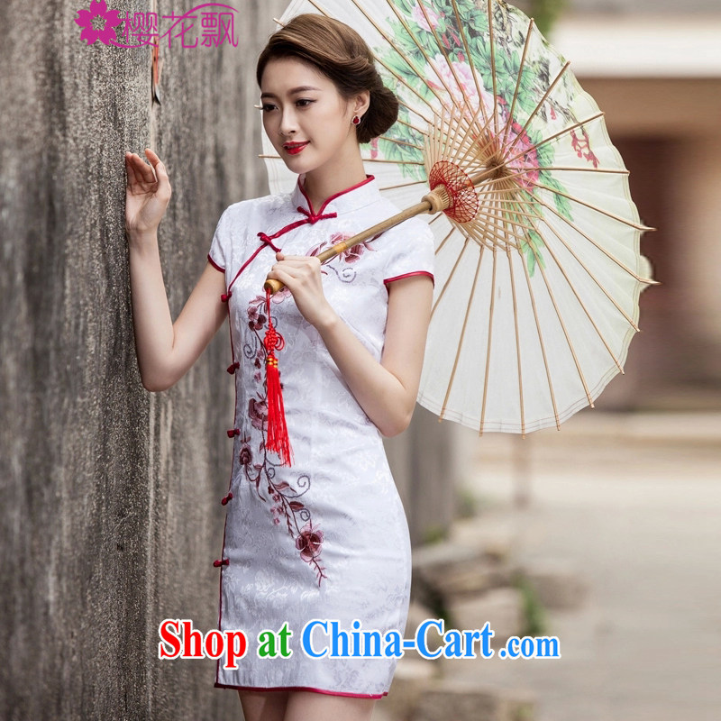 Cherry blossoms floating 2015 spring and summer New Tang with retro improved stylish short, cultivating daily cheongsam dress white L, the cherry blossoms floating (yinghuapiao), online shopping