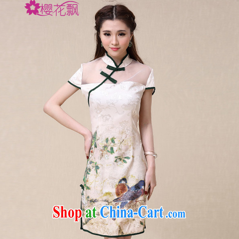Cherry blossoms floating 2015 spring and summer New China wind National wind cultivating high-end elegant dresses cheongsam dress XL