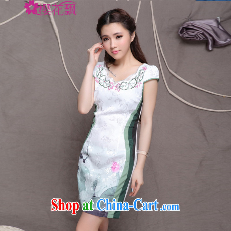 Cherry blossoms floating Chinese wind graphics thin cheongsam dress high-end original ethnic wind and stylish Chinese Antique cheongsam dress and cherry blossoms floating (yinghuapiao), shopping on the Internet