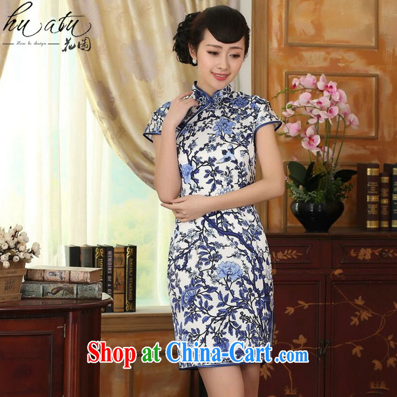 spend the summer dress blue and white porcelain beauty stretch Satin Silk Dresses Chinese improved retro silk double-decker short dresses such as the color 2 XL, spend figure, shopping on the Internet