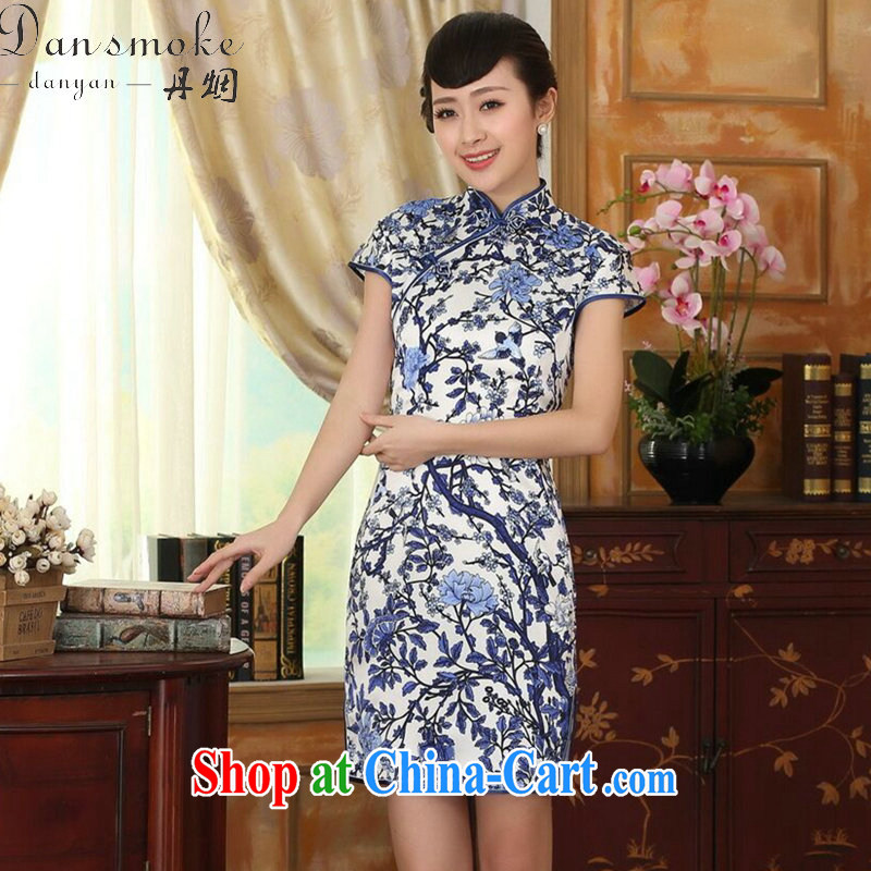 Dan smoke summer female blue and white porcelain beauty stretch Satin Silk Dresses Chinese improved retro silk double short dresses such as the color 2 XL, Bin Laden smoke, shopping on the Internet