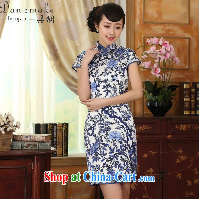 Dan smoke summer female blue and white porcelain beauty stretch Satin Silk Dresses Chinese improved retro silk double short dresses such as the color 2 XL, Bin Laden smoke, shopping on the Internet