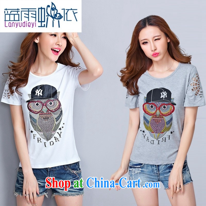 Hamilton serves the European site 2015 summer female owl stamp short sleeved shirt T girls cotton loose short-sleeved shirt T female white XL, blue rain bow, and shopping on the Internet