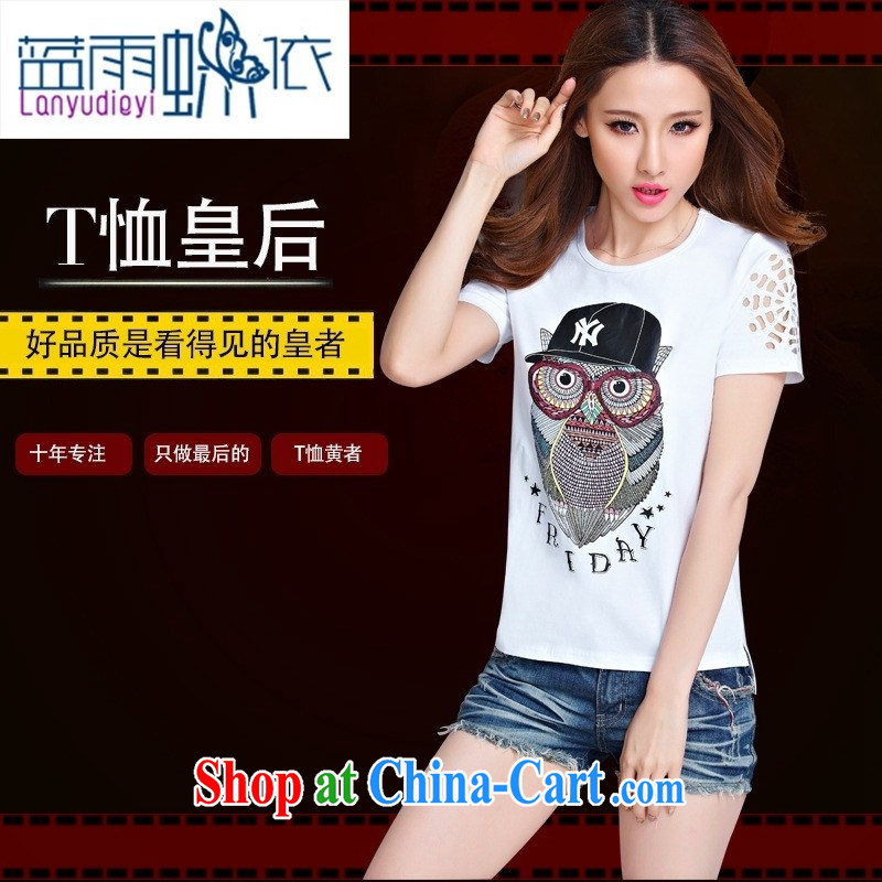 Hamilton serves the European site 2015 summer female owl stamp short sleeved shirt T girls cotton loose short-sleeved shirt T female white XL, blue rain bow, and shopping on the Internet