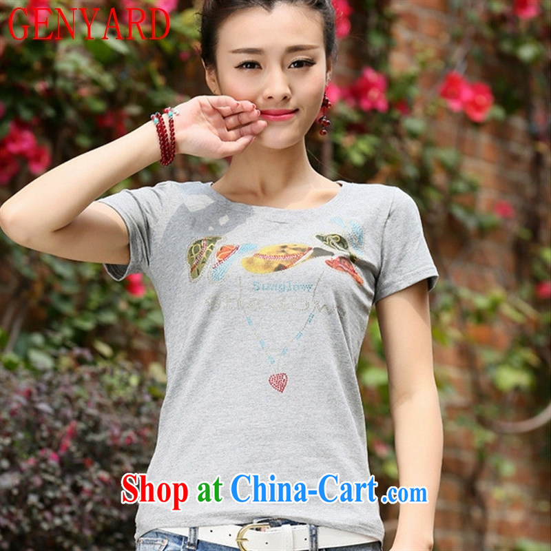 Qin Qing store 2015 summer new Korean women who decorated graphics thin round-collar stamp T pension maximum code short-sleeve T-shirts solid T shirt gray 2 XL, GENYARD, shopping on the Internet