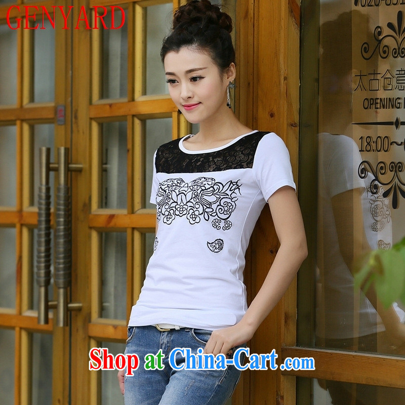 Qin Qing store only 2015 summer new Lace Embroidery features round-collar beauty short-sleeve girls T-shirt stitched cotton white 2XL, GENYARD, shopping on the Internet