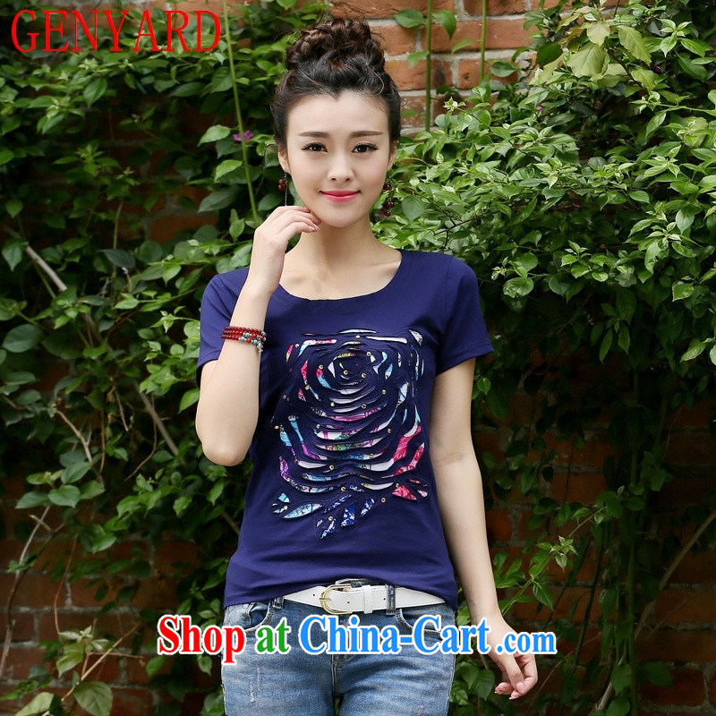 Qin Qing store 2015 new summer short female stamp cotton mA short-sleeve crew-neck shirt T casual cotton shirt T female dark blue 2 XL, GENYARD, shopping on the Internet