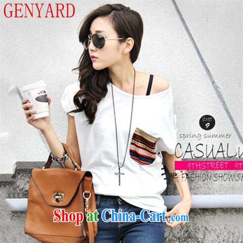Qin Qing store 2015 spring and summer female Korean version, generation, solid shirts stitching striped pocket short-sleeved clothes T cotton shirt white T-shirt, code, GENYARD, shopping on the Internet
