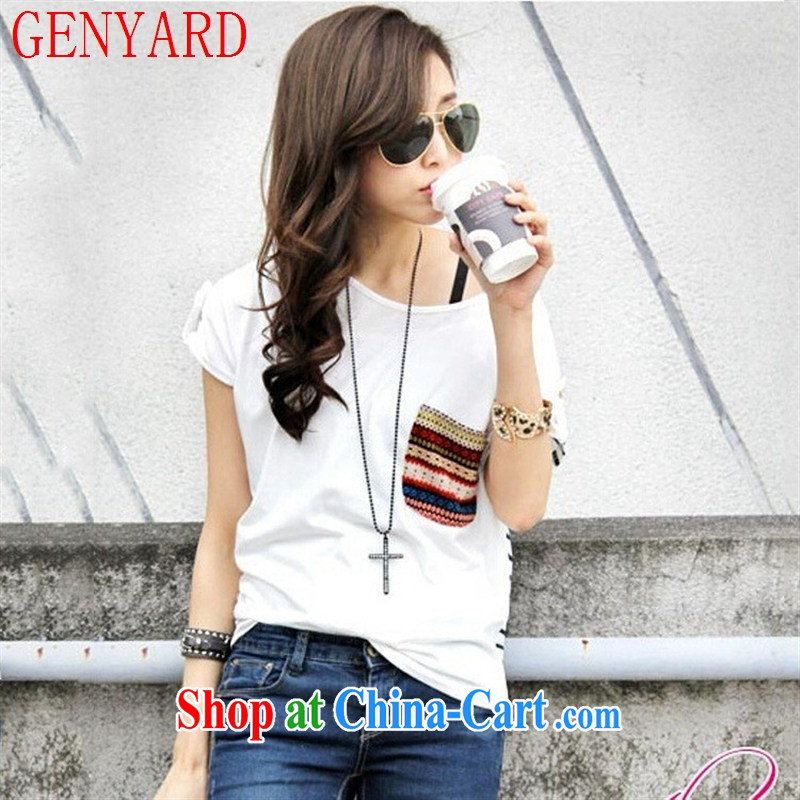 Qin Qing store 2015 spring and summer female Korean version, generation, solid shirts stitching striped pocket short-sleeved clothes T cotton shirt white T-shirt, code, GENYARD, shopping on the Internet