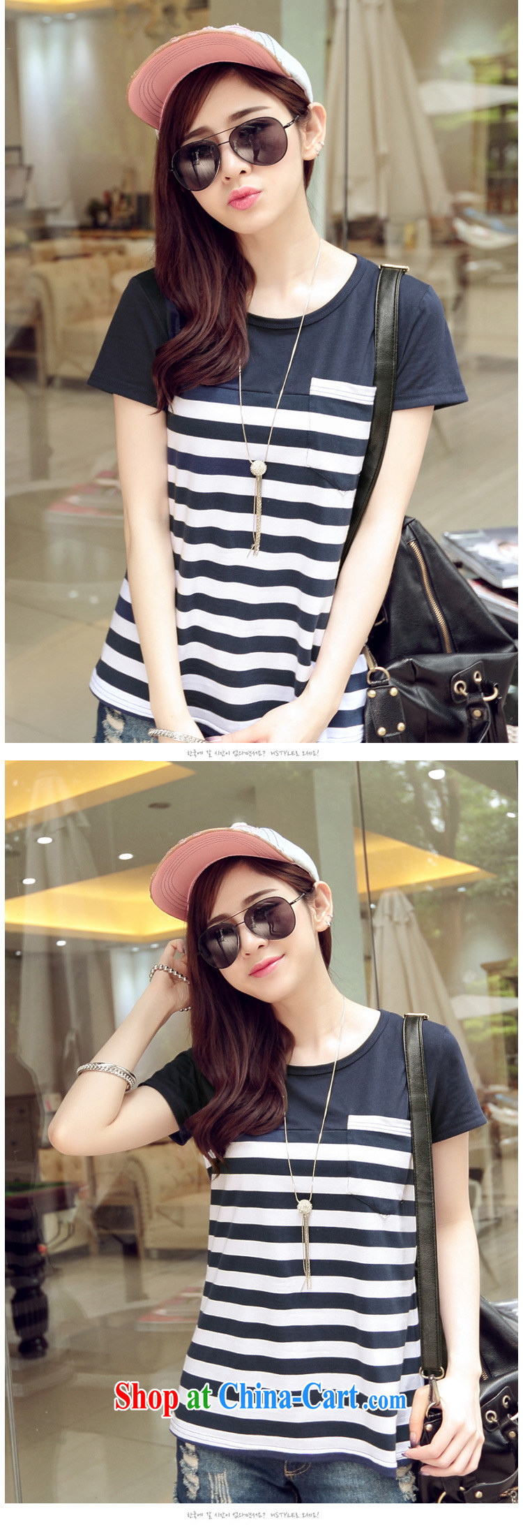 Deloitte Touche Tohmatsu sunny store 2015 Korean summer new girls cotton striped stitching round-collar short-sleeve shirt T dark blue XL pictures, price, brand platters! Elections are good character, the national distribution, so why buy now enjoy more preferential! Health